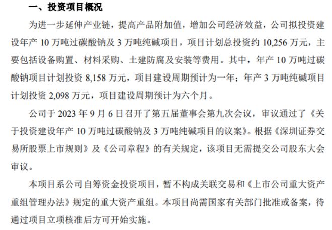 世龙实业拟投资建设年产10万吨过碳酸钠及3万吨纯碱项目 项目计划总投资约1.03亿